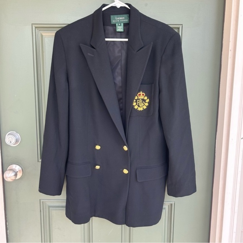 Vintage Lauren Ralph Lauren Blazer Black Wool Monogram Crest DBL Breasted USA 14